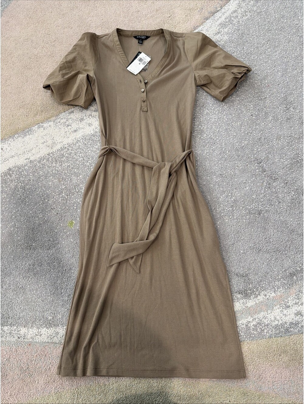 $165 Lauren Ralph Lauren Women's Belted Rib-Knit Puff-Sleeve Dress Tan Medium - Picture 5 of 15